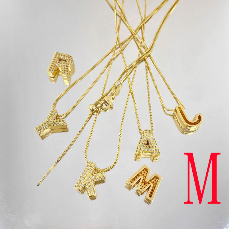 Fashion M Copper Inlaid Zirconium Geometric Three-dimensional 26-letter Mens Necklace