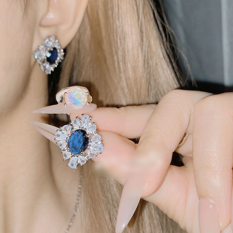 Fashion Earrings 0385 Sapphire Blue Copper Inlaid Zirconium Geometric Stud Earrings