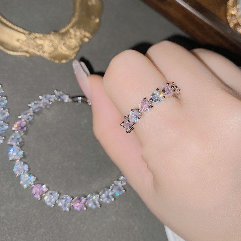 Fashion Full Diamond Pink Diamond Ring Copper Inlaid Zirconium Love Ring