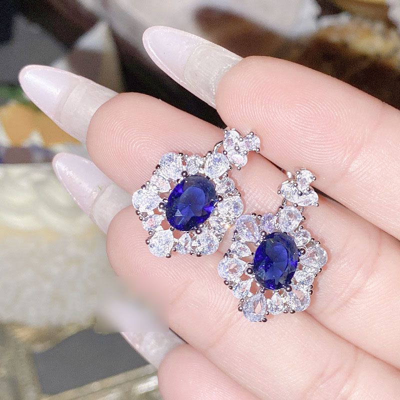 Fashion Earrings 0348 Blue Corundum Copper Set Oval Diamond Geometric Earrings  Copper