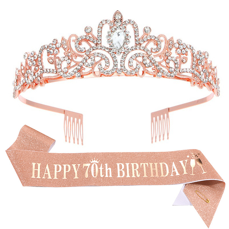 Fashion 70 Years Old - Rose Gold Suit Glitter Letter Etiquette With Crystal Crown Set