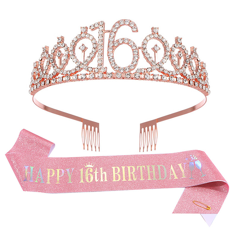 Fashion 16 Years Old-pink Glitter Cloth Suit Glitter Letter Etiquette With Crystal Crown Set