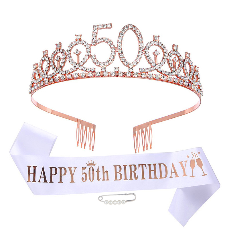 Fashion 50 Years Old - White Satin Suit (with Pearl Pin) Glitter Letter Etiquette With Crystal Crown Set