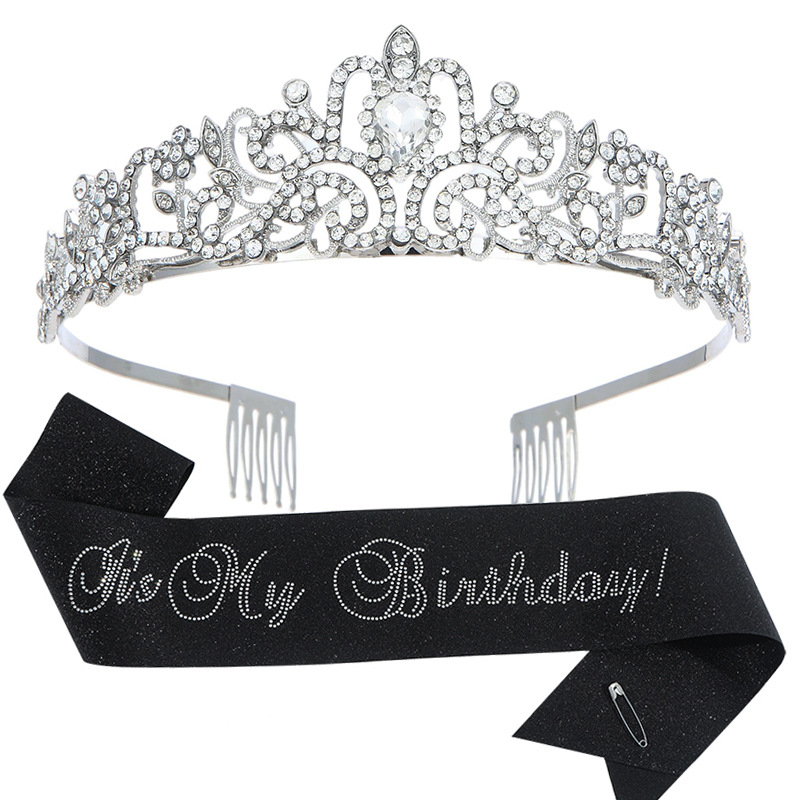Fashion Silver Black Suit-glitter Cloth Satin Diamond Letter Strap Crown Set