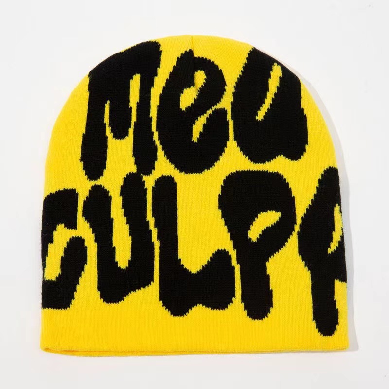Fashion Yellow With Black Letters Acrylic Letter Jacquard Beanie