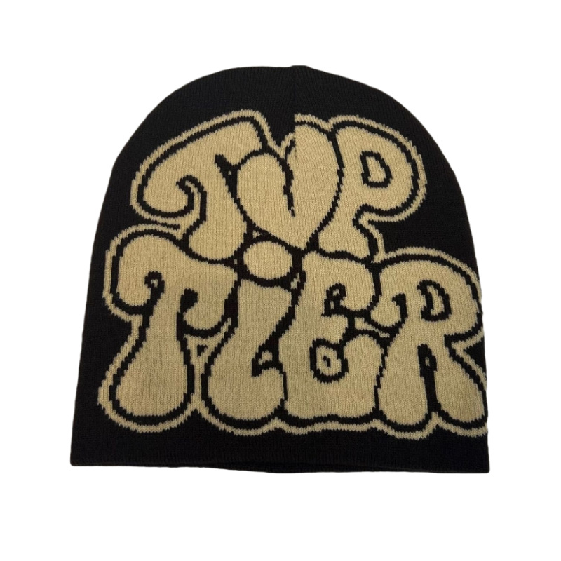 Fashion Black Gami Characters Letter Jacquard Knitted Beanie