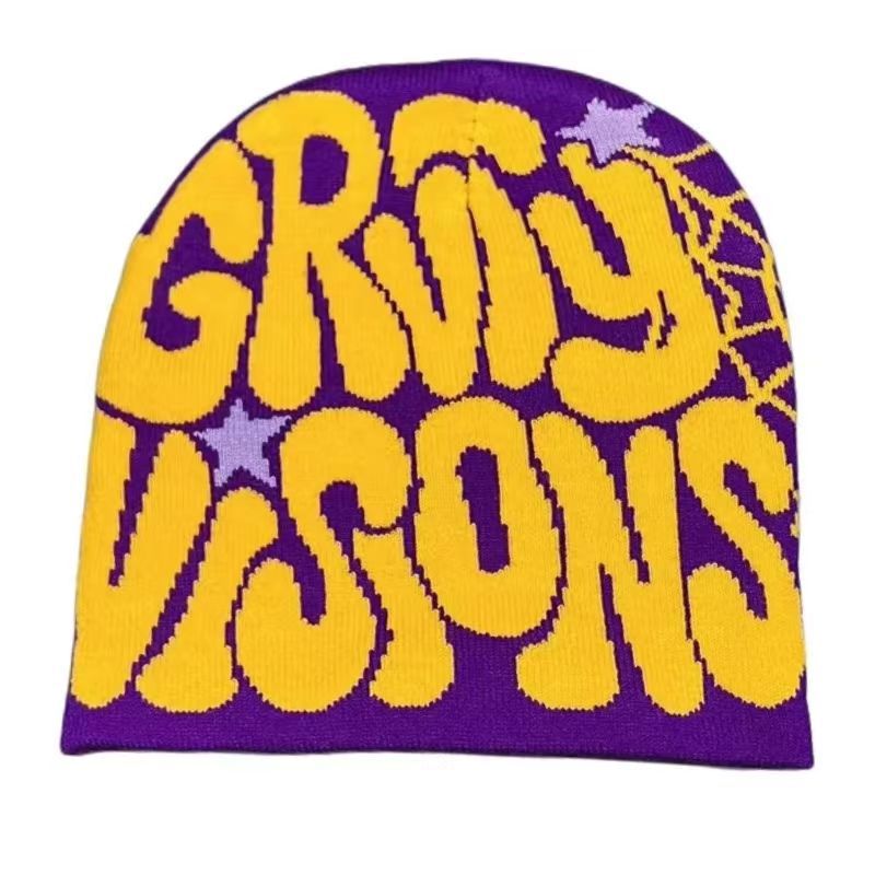 Fashion Yellow Characters On Purple Background Letter Jacquard Knitted Beanie