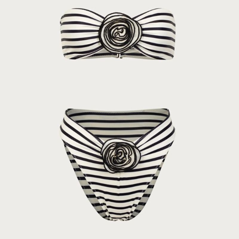 Fashion Black And White Stripes Polyester Three-dimensional Flower One-piece Swimsuit Bikini