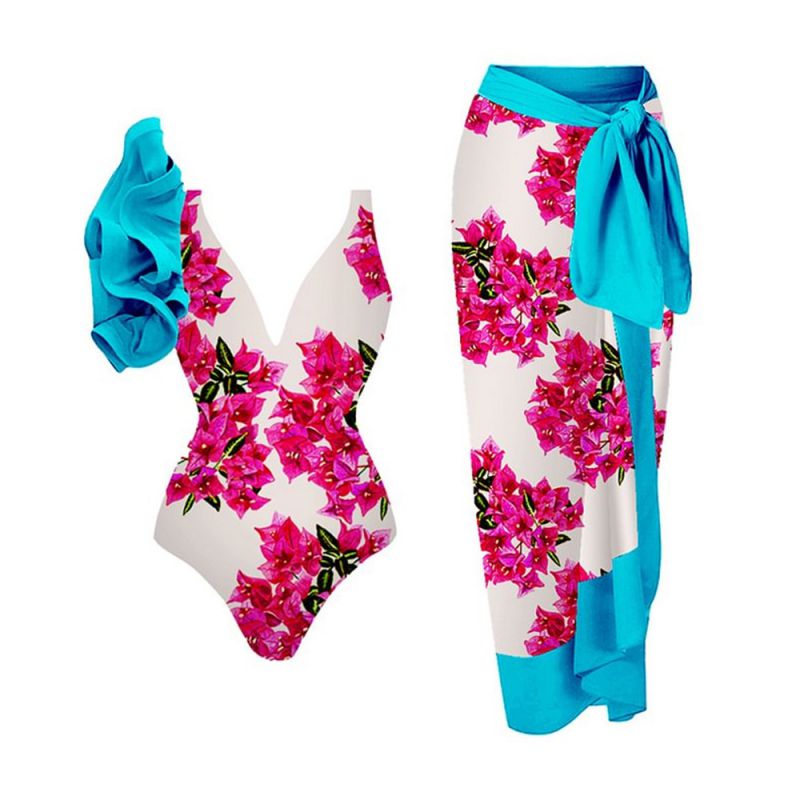 Fashion Blue Suit Polyester Printed One-piece Swimsuit With Knotted Beach Skirt Set