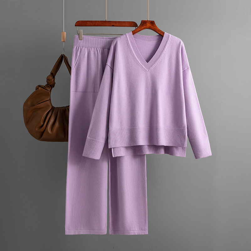 Fashion Purple Polyester Knitted V-neck Sweater Straight-leg Trousers Suit