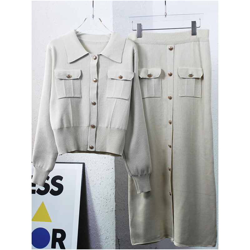 Fashion Off White Polyester Button-down Lapel Cardigan Skirt Suit