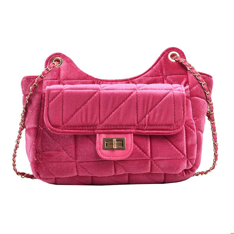 Fashion Pink Velvet Diamond Lock Flap Crossbody Bag