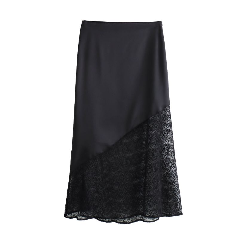 Fashion Black Lace Paneled Silk Satin Skirt