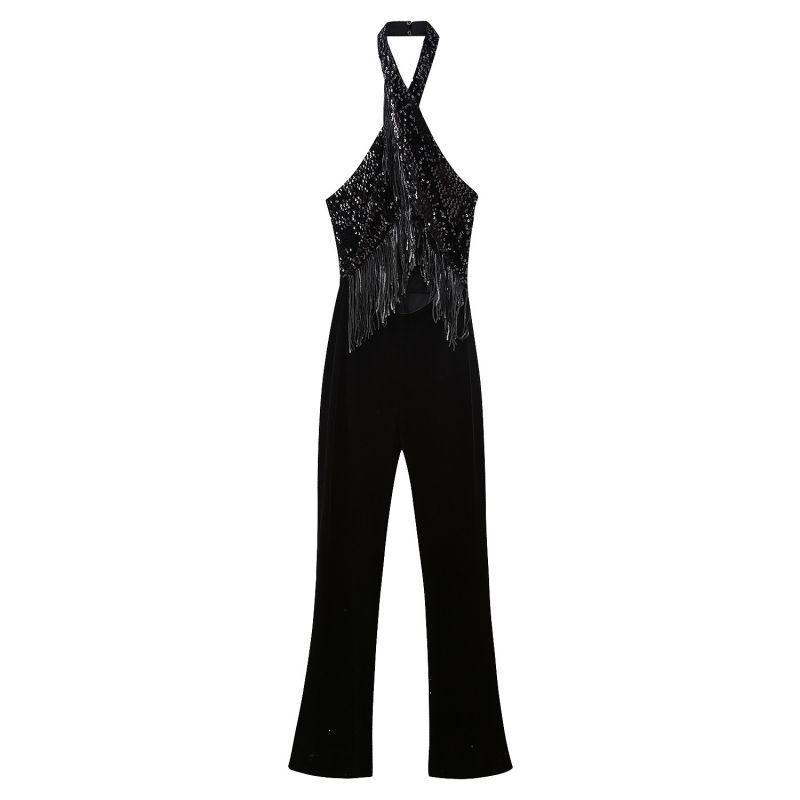 Fashion Black Polyester Sequined Fringed Halterneck Jumpsuit
