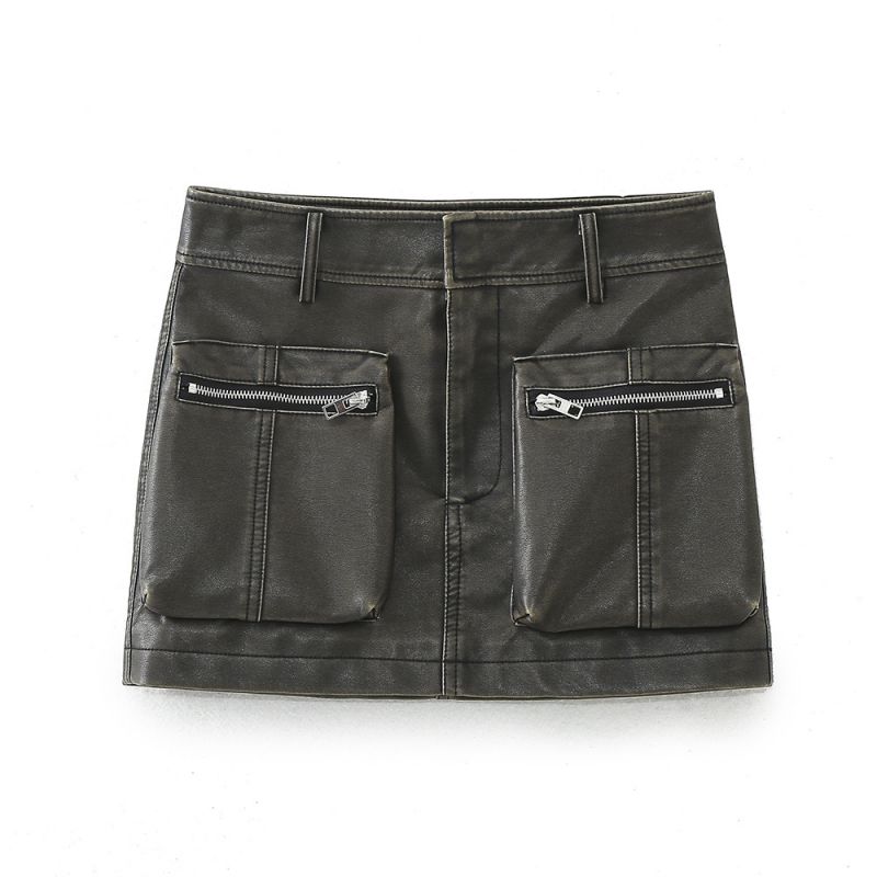Fashion Short Skirt Faux Leather Double Pocket Skirt