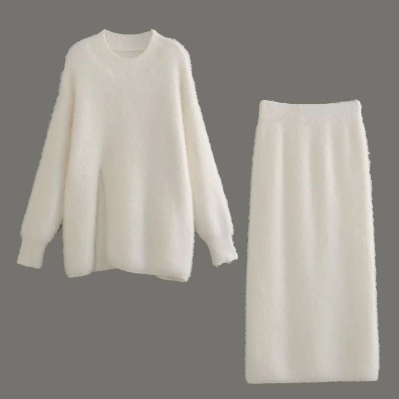 Fashion White Blended Plush Crew Neck Sweater Skirt Suit