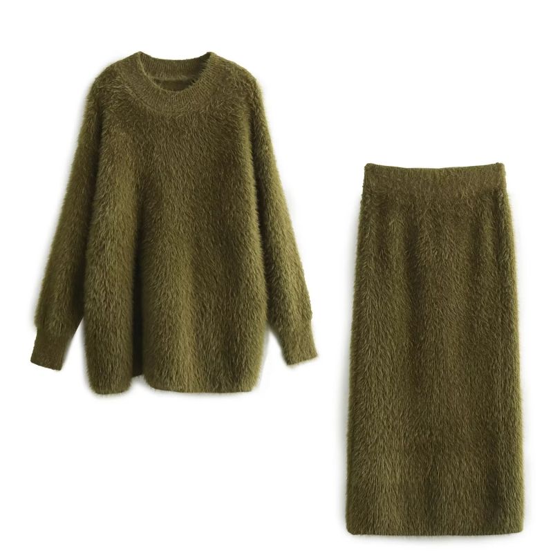 Fashion Army Green Blended Plush Crew Neck Sweater Skirt Suit