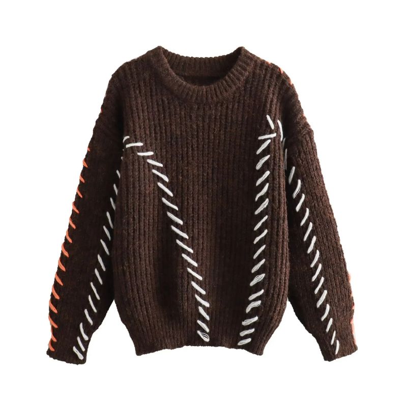 Fashion Coffee Blended Crew Neck Knitted Sweater With Contrasting Colors