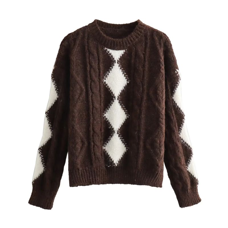 Fashion Coffee Square Twist Crew Neck Pullover Sweater