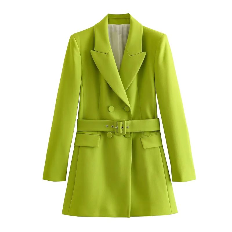 Fashion Yellow Green Woven Blazer With Lapel Pockets