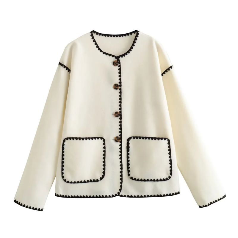 Fashion White Woven Knitted Color-blocked Buttoned Sweater Cardigan