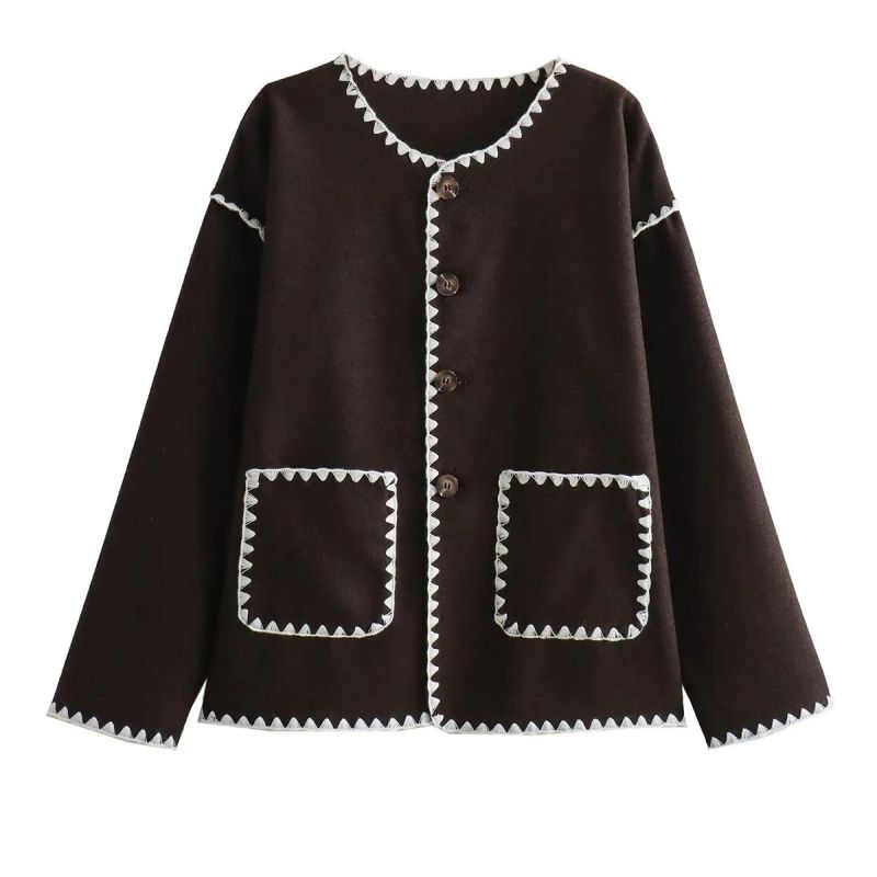 Fashion Brown Woven Knitted Color-blocked Buttoned Sweater Cardigan