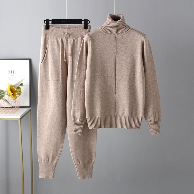 Fashion Khaki Cotton Knit Turtleneck Sweater And Leggings Trousers Set