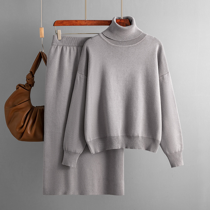 Fashion Khaki Cotton Knit Turtleneck Sweater Skirt Suit