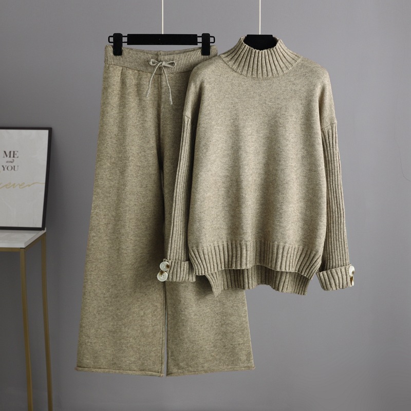 Fashion Khaki Cotton Knitted Crew Neck Sweater Wide Leg Trousers Suit