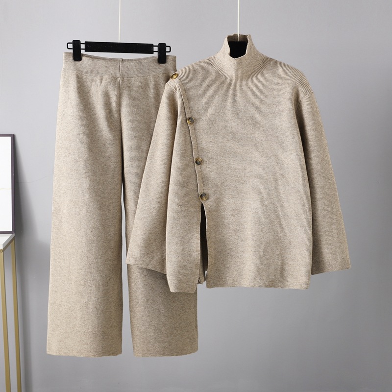 Fashion Khaki Cotton Stand-collar Slit Knitted Turtleneck Sweater Wide-leg Trousers Suit