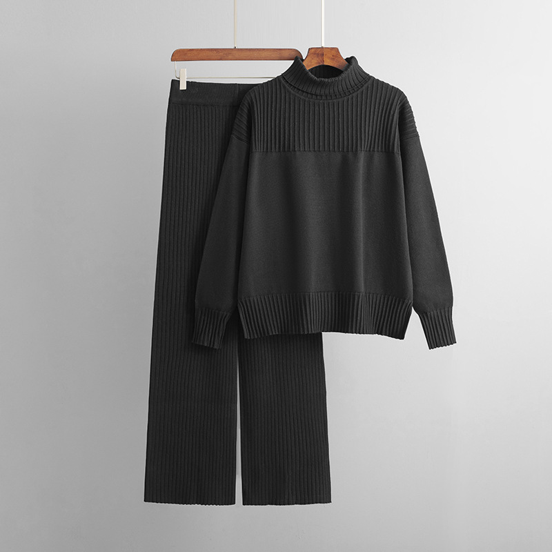 Fashion Black Cotton Knit Turtleneck Wide-leg Pants Suit