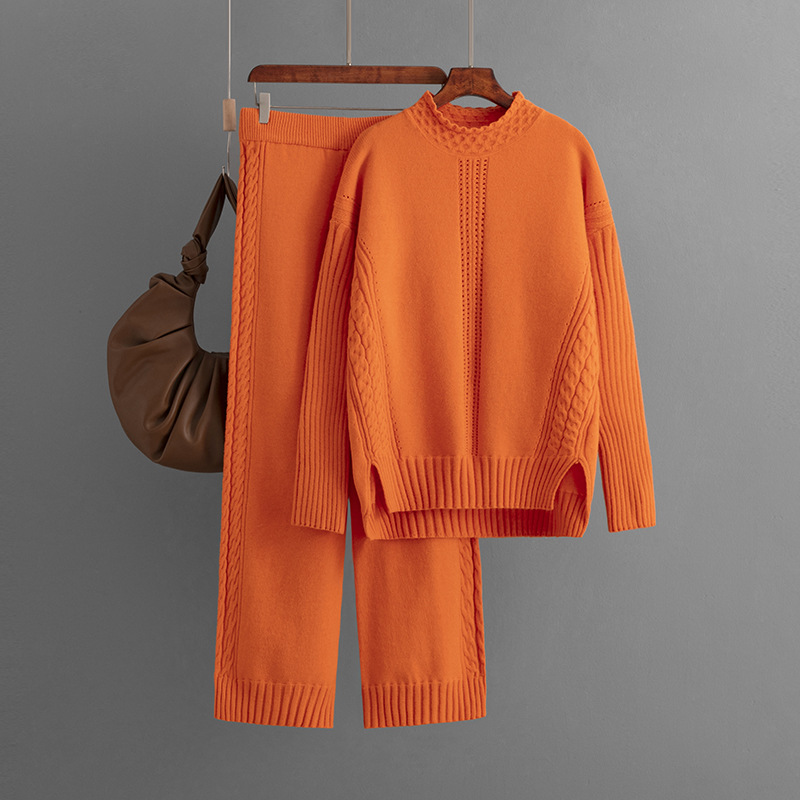 Fashion Orange Acrylic Knitted Turtleneck Sweater + Wide-leg Trousers Set