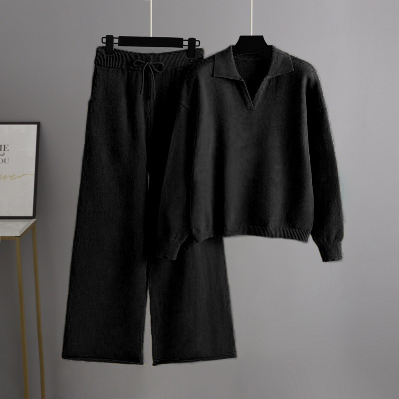 Fashion Black Cotton Knitted Lapel Sweater + Wide-leg Trousers Set