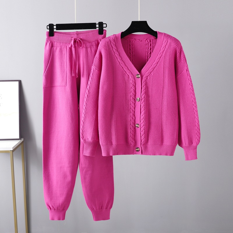 Fashion Rose Red Cotton Knitted Cardigan And Leggings Trousers Set