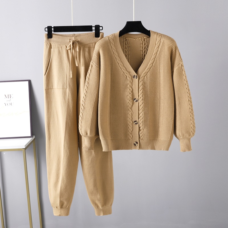 Fashion Camel Cotton Knitted Cardigan And Leggings Trousers Set