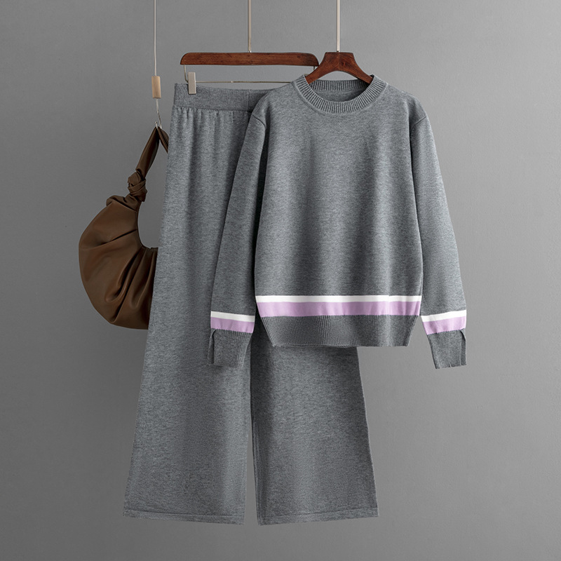 Fashion Grey Cotton Knitted Crew Neck Sweater Wide Leg Trousers Suit
