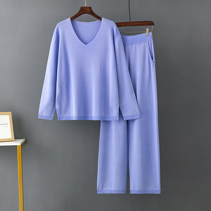 Fashion Blue Cotton Knitted V-neck Sweater Wide-leg Trousers Suit