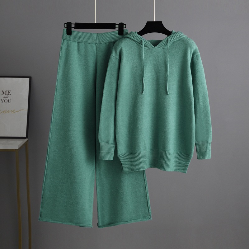 Fashion Green Acrylic Knitted Hooded Sweatshirt Wide-leg Trousers Set