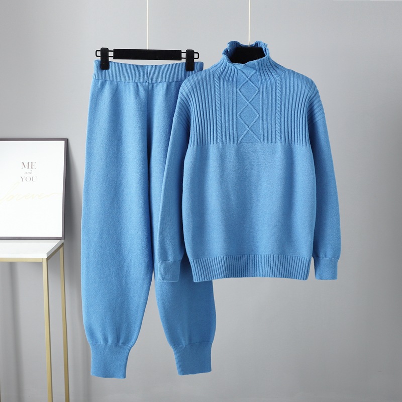 Fashion Blue Acrylic Knitted Turtleneck Sweater With Leggings And Wide-leg Pants Set