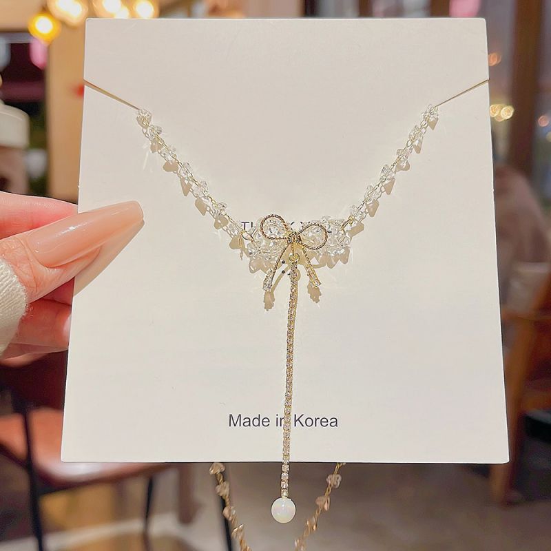 Fashion White Geometric Crystal Beaded Bow Pearl Y Necklace