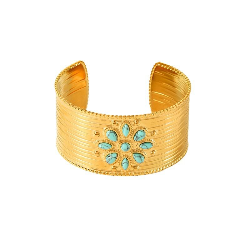 Fashion Gold Stainless Steel Blue Pine Flower Open Bracelet