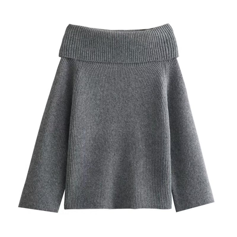 Fashion Grey Knitted Rolled Hem Pullover Sweater