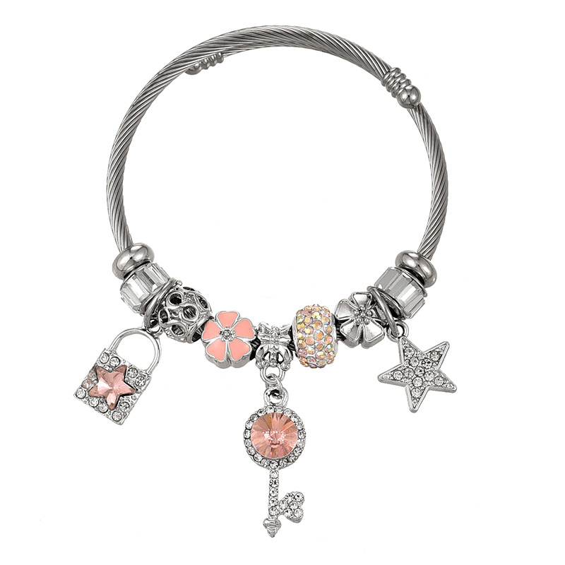 Fashion Silver Copper Inlaid Zirconium Oil Drop Flower Key Lock Pendant Beaded Bracelet