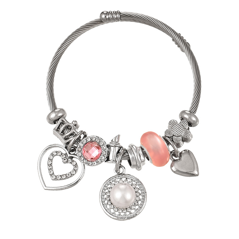 Fashion Silver Copper Inlaid Zirconium Pearl Love Flower Pendant Beaded Bracelet
