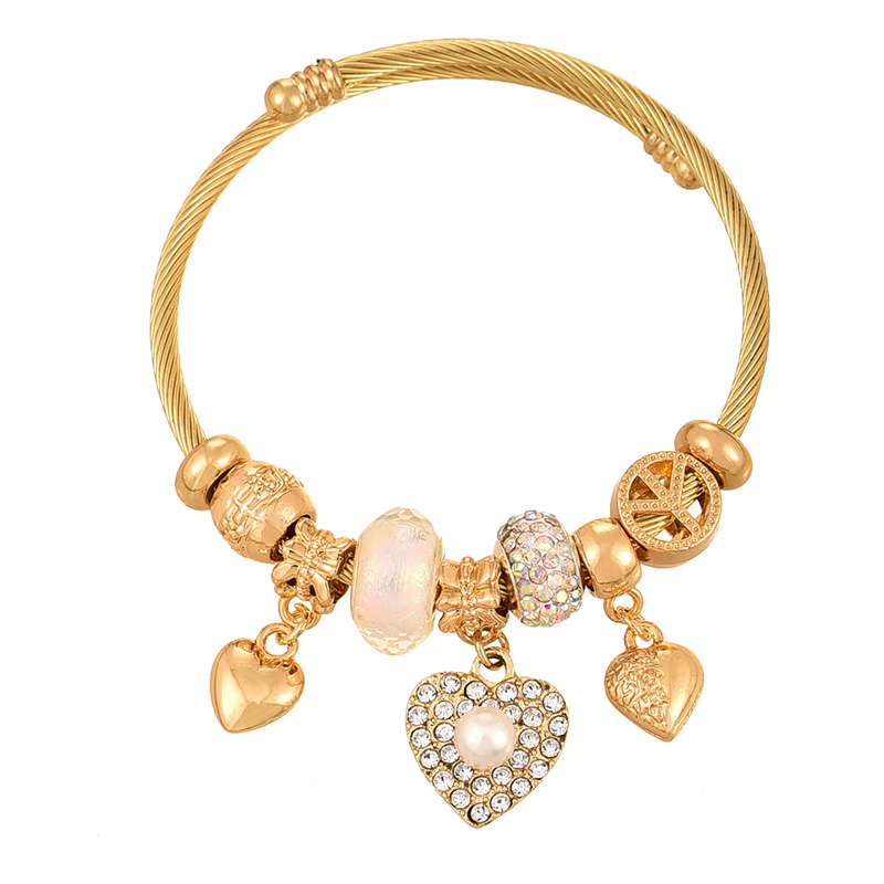 Fashion Gold Copper Inlaid Zirconium Pearl Heart Pattern Pendant Beaded Bracelet