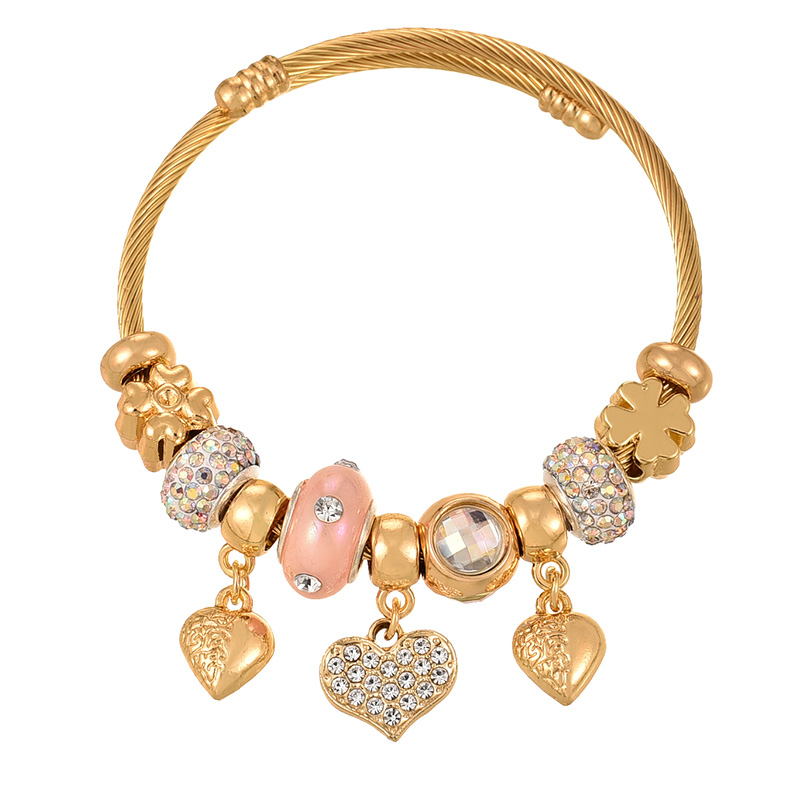 Fashion Gold Copper Inlaid Zirconium Pattern Love Flower Pendant Beaded Bracelet