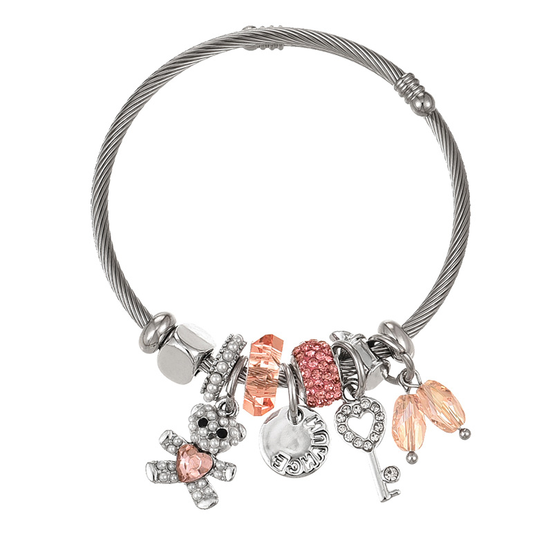 Fashion Silver 2 Copper Inlaid Zirconium Pearl Bear Love Key Pendant Beaded Bracelet