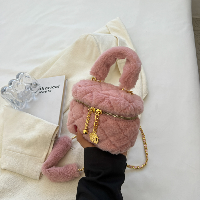 Fashion Pink Polyester Plush Diamond Large Capacity Crossbody Bag