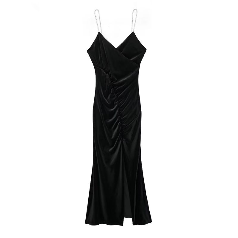Fashion Black Glossy Strappy Velvet Pleated Maxi Skirt