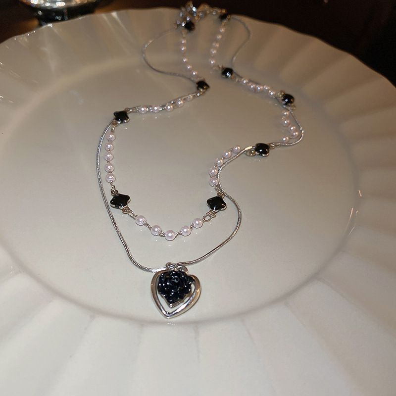 Fashion Necklace - Black Oil Dripping Flower Love Pearl Double Layer Necklace